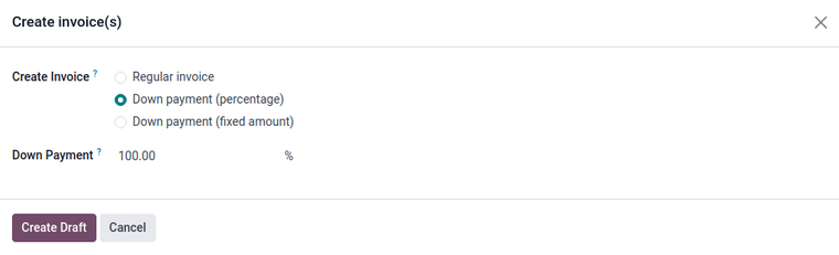 选择了预付款（百分比）选项，并将预付款设置为100%。