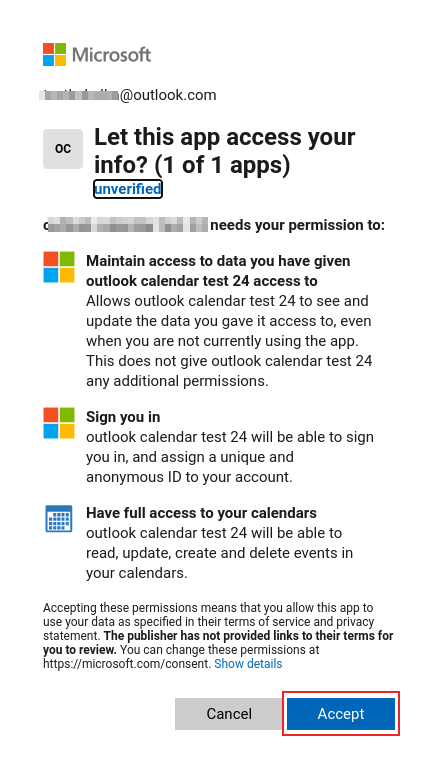 在 Microsoft Outlook OAuth 页面上的身份验证过程。