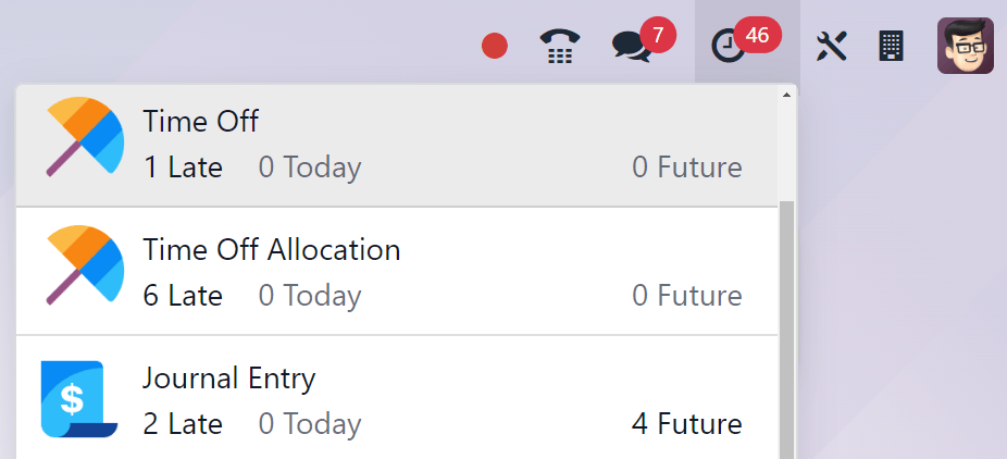 从主菜单栏访问的活动列表。其中两个与 Time Off 应用相关的条目被高亮显示。