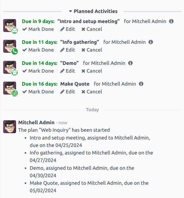 带有已启动活动计划的CRM商机的聊天线程。