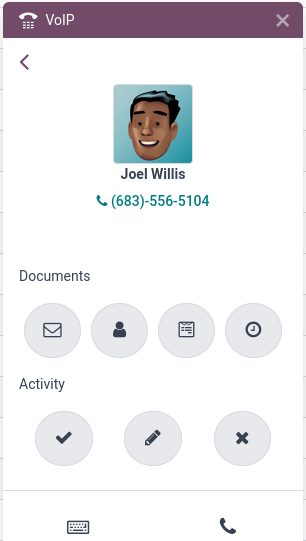 VoIP 小部件上的活动控制中心。