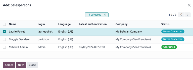 新增：新销售团队上的销售人员弹出窗口。