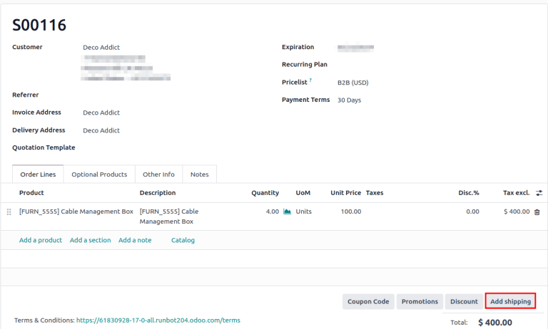 在报价单上显示 "添加运输" 按钮。