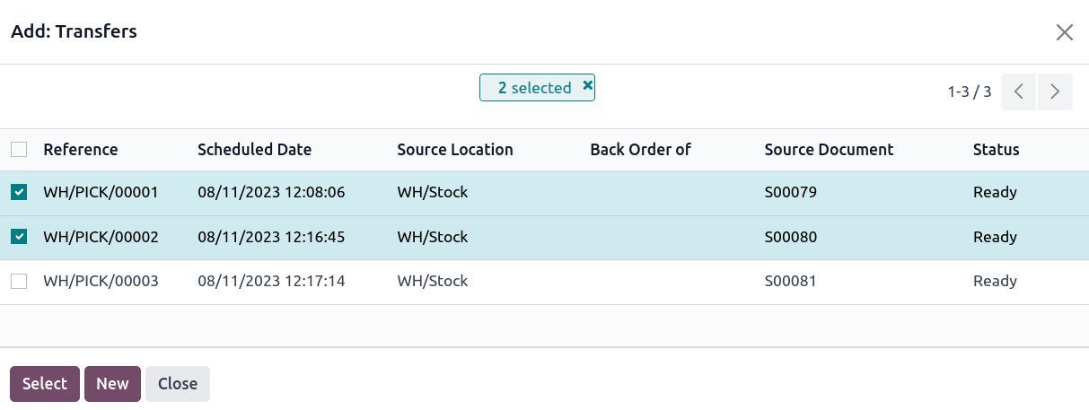 从 *添加:转移* 窗口中选择多个转移。