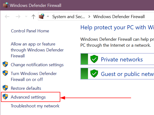 Windows Defender 防火墙应用左侧面板中高亮显示的“高级设置”选项。