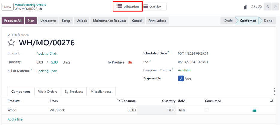 MO 顶部的 Allocation 智能按钮。
