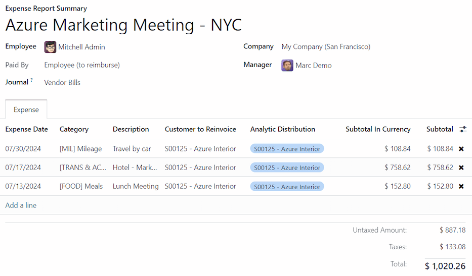 包含所有分析分配行的费用报告。