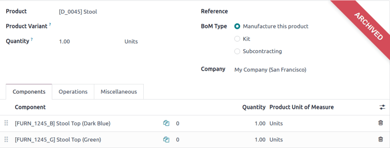 显示存档的物料清单。