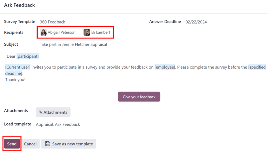 向其他员工请求反馈时弹出的电子邮件窗口。