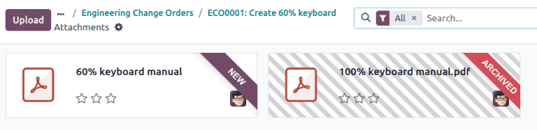 从 *Documents* 智能按钮查看的 *Attachments* 页面。显示一个已归档和一个新添加的附件。