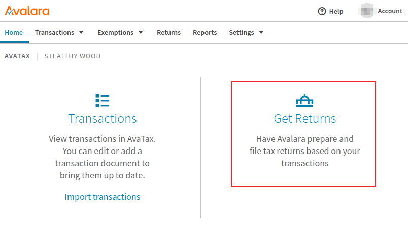 Avalara 门户，突出显示了退货快捷方式。