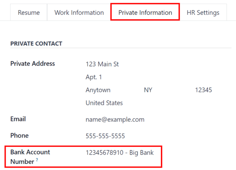 银行信息可以在员工的卡片中输入。