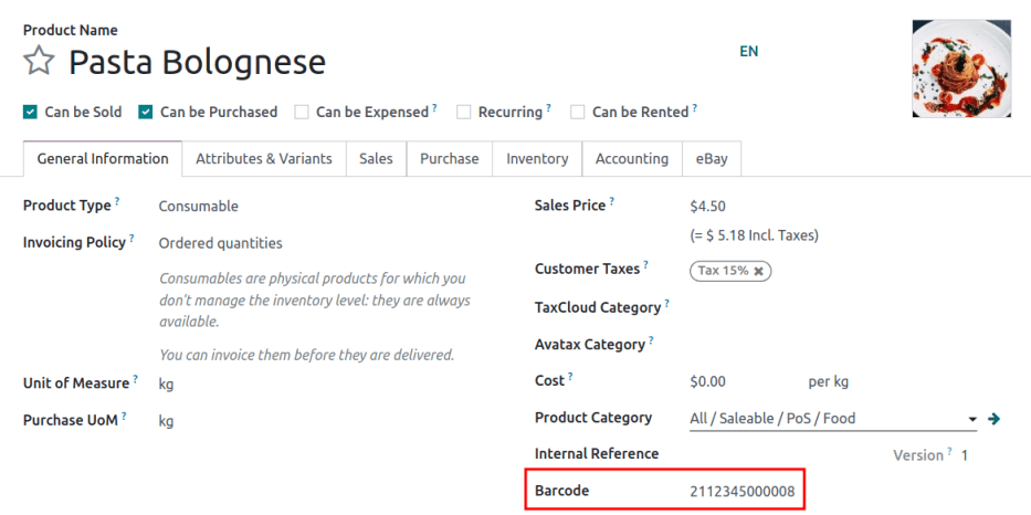 产品表单上的条码字段。