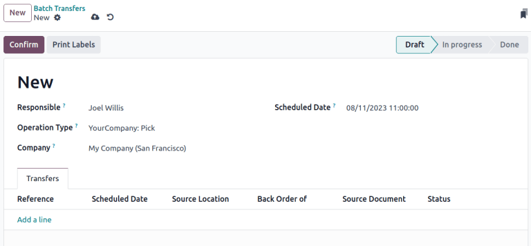 *批量转移* 表单视图。