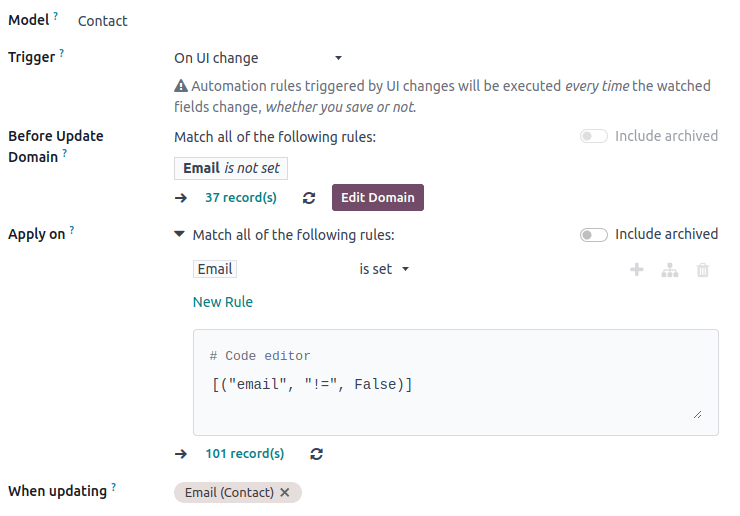带有更新前域的触发器示例
