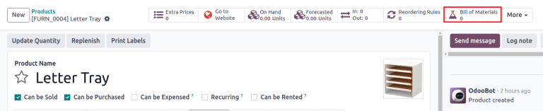 产品表单上的物料清单智能按钮。