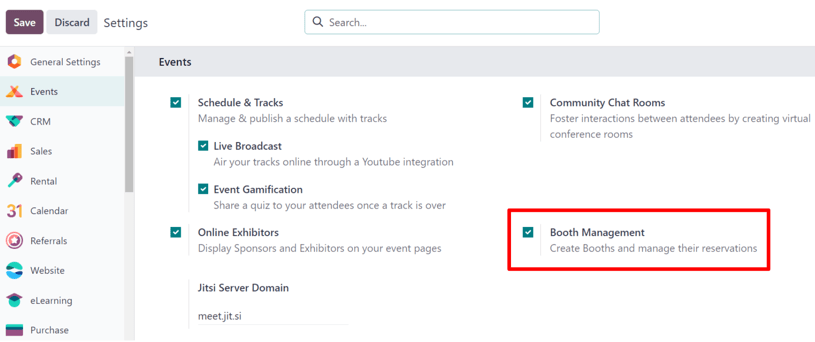 Odoo 活动应用中的展位管理设置。