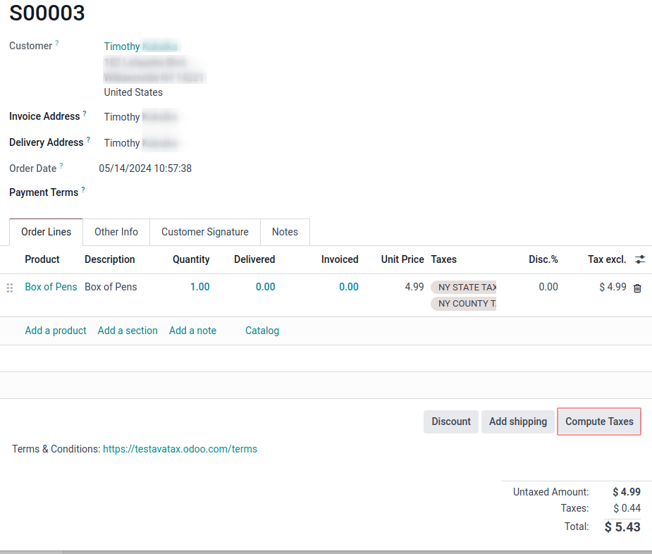 销售报价单，突出显示确认和计算税款按钮。