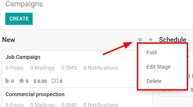 在Odoo社交营销应用程序中查看活动页面。