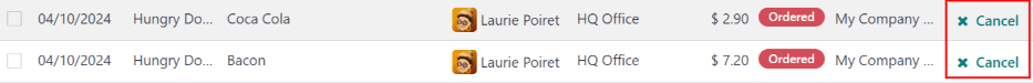 订单行中突出显示的取消按钮。
