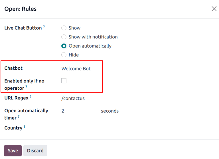 查看频道规则，突出显示聊天机器人字段。
