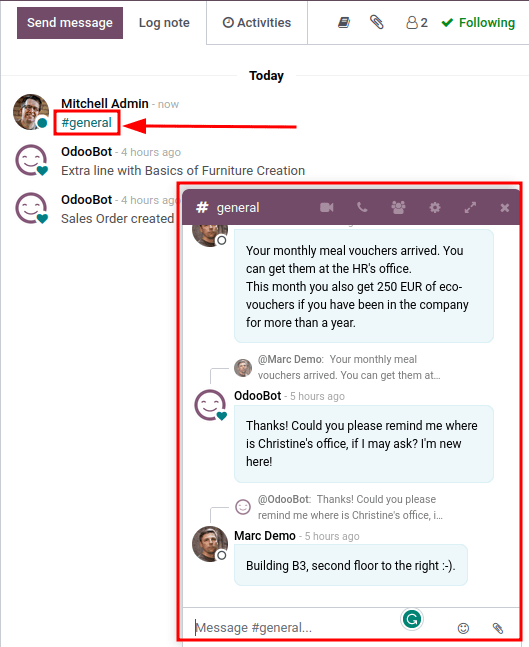 右下象限的通道打开时，通道在 chatter 中链接。
