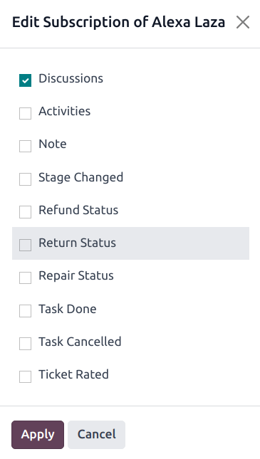 帮助台工单上的编辑订阅窗口。