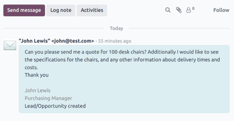 CRM 应用中新建线索的 chatter 线程。