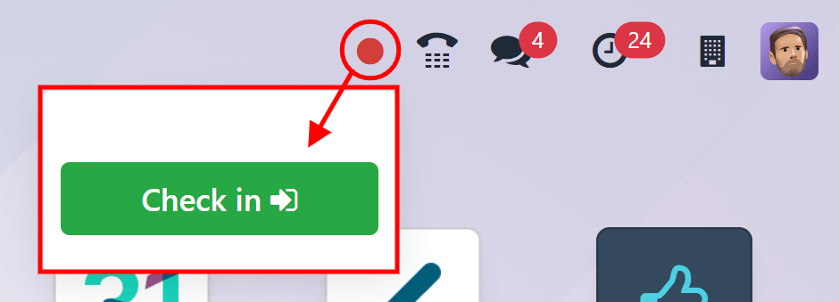 右上角主菜单，带有高亮的签到按钮。