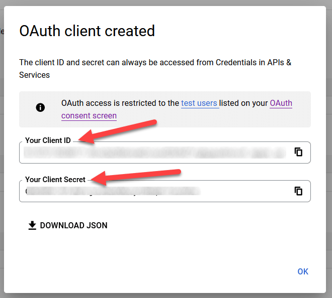 Client ID 和 Client Secret 用于 Google OAuth。