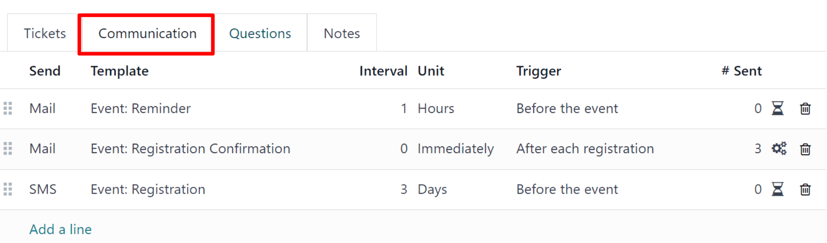 Odoo 活动应用程序中活动表单上的典型通信选项卡。