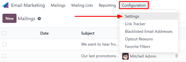 查看 Odoo 电子邮件营销应用程序中的设置页面。