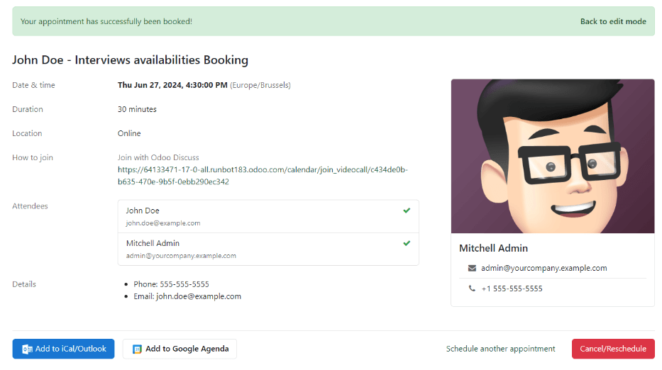 显示面试所有详细信息的确认页面。