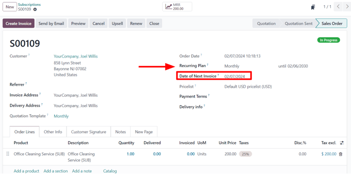 Odoo 订阅应用中已确认的订阅销售订单。