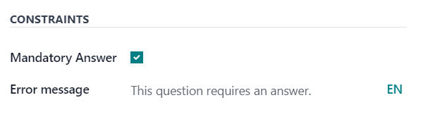 Odoo 调查中选项标签页中的约束部分。