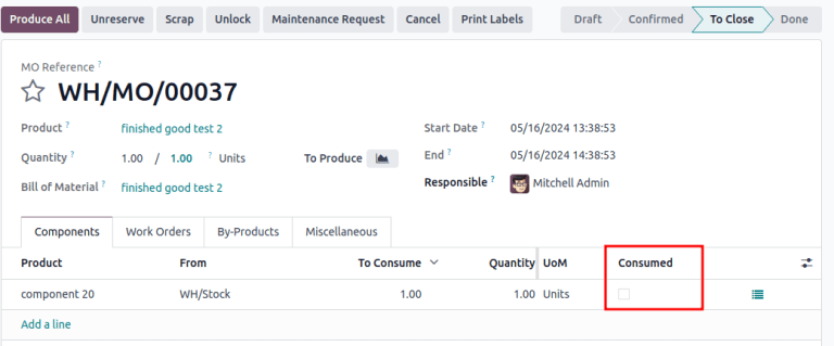 显示一个生产订单，突出显示 *消耗* 字段。