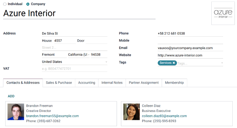 在联系人表单中添加一个联系人/地址。