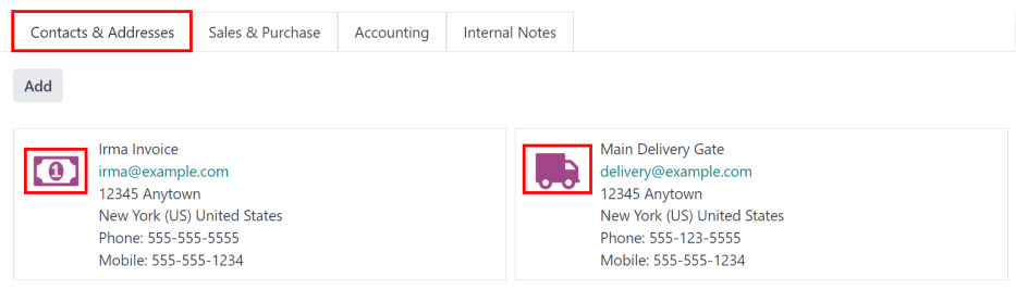 所有部分均已填写的创建联系人表单。