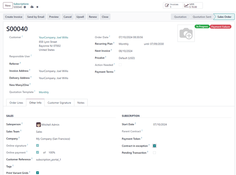 选择了 "合同异常" 选项，并显示了 "支付失败" 标签。