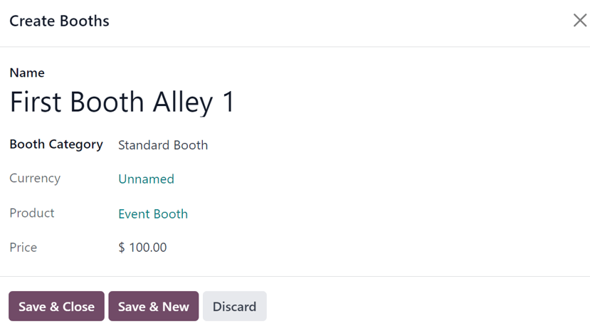Odoo 活动应用中的一个创建展位弹出窗口。