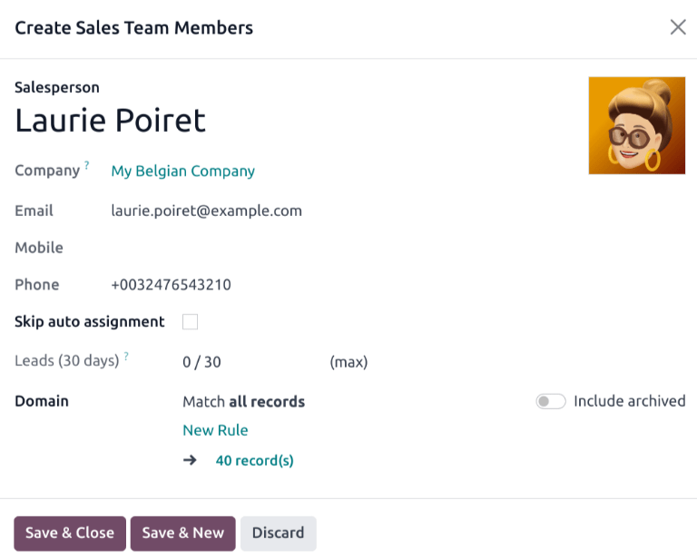 创建销售团队成员 的弹出窗口。