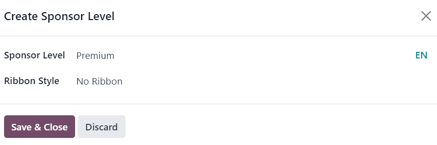 在 Odoo 活动应用中出现的创建赞助等级弹出窗口。