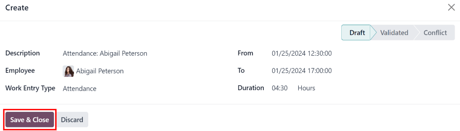 在 Odoo 中填写工作条目创建表单。