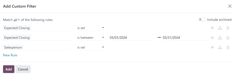Add Custom Filters 弹出窗口，其中配置了预期收入的定制筛选器 报告。