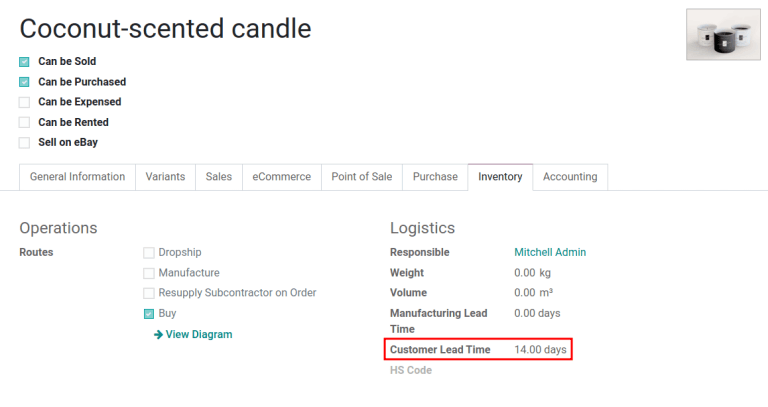 在商品表单上设置 *客户提前期* 。