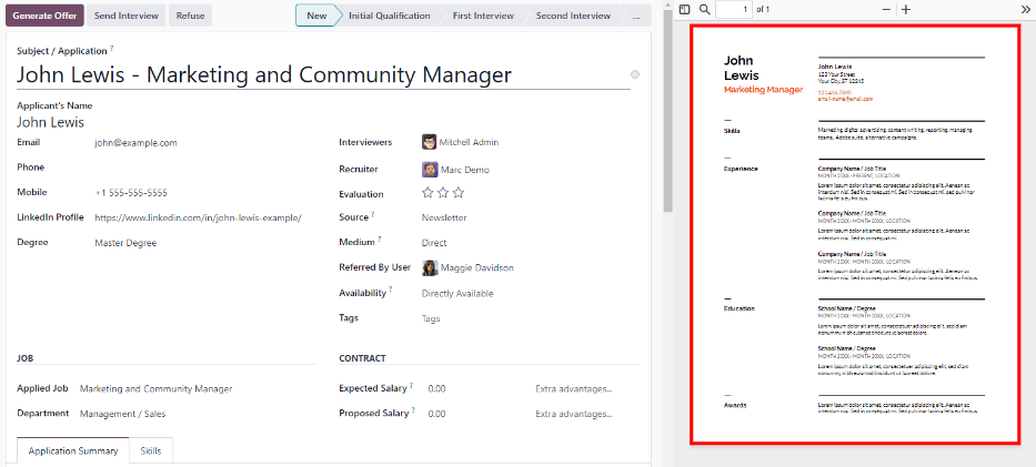 求职者卡片上的简历，显示在右侧。
