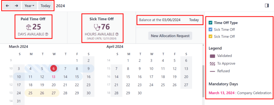 Time off 仪表板视图，突出显示了图例、休假摘要和视图按钮。