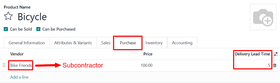 产品页面采购选项卡上，针对分包商的交付提前期字段。