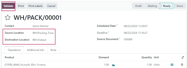 显示源位置和目标位置的装箱顺序操作。