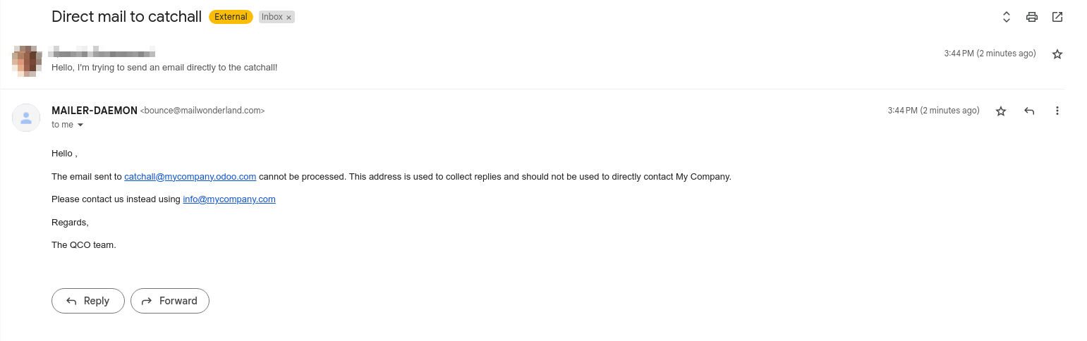 来自 "MAILER-DEAMON" 的退信邮件，解释了如何联系数据库。